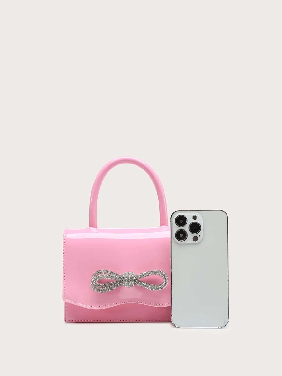 กระเป๋าสี่เหลี่ยม มินิ ตกแต่ง พลอยเทียม & โบว์ Flap หนังสิทธิบัตรเทียม v-87