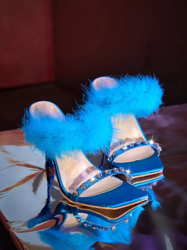 รองเท้าแตะMule พลอยเทียม & ตกแต่ง ขนปุยนุ่ม ส้นสูง l-49