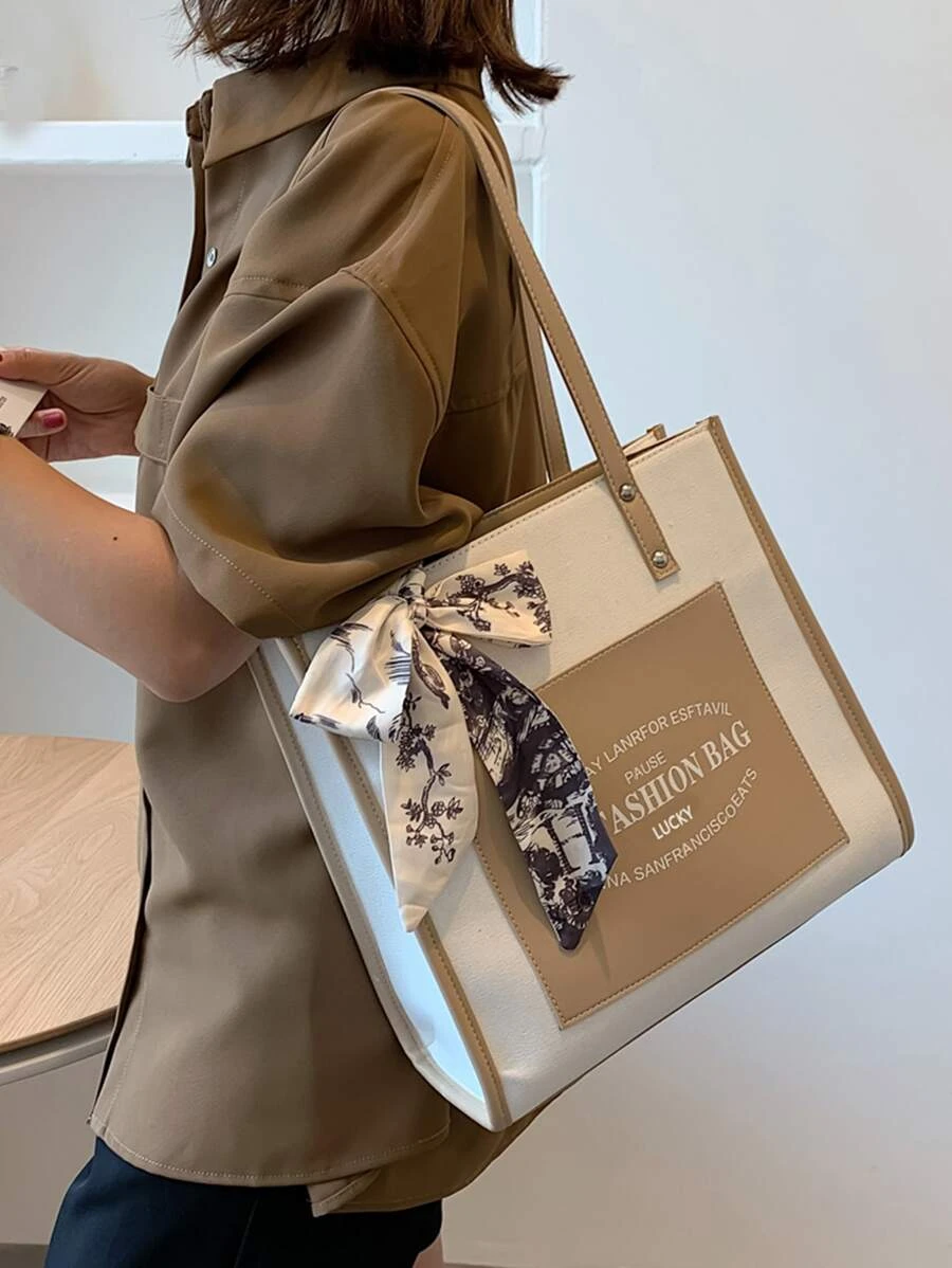 กระเป๋าโท้ท สะพายไหล่ คัลเลอร์บล็อก ลายตัวอักษร แต่งผ้าทวิลลี่ v-6