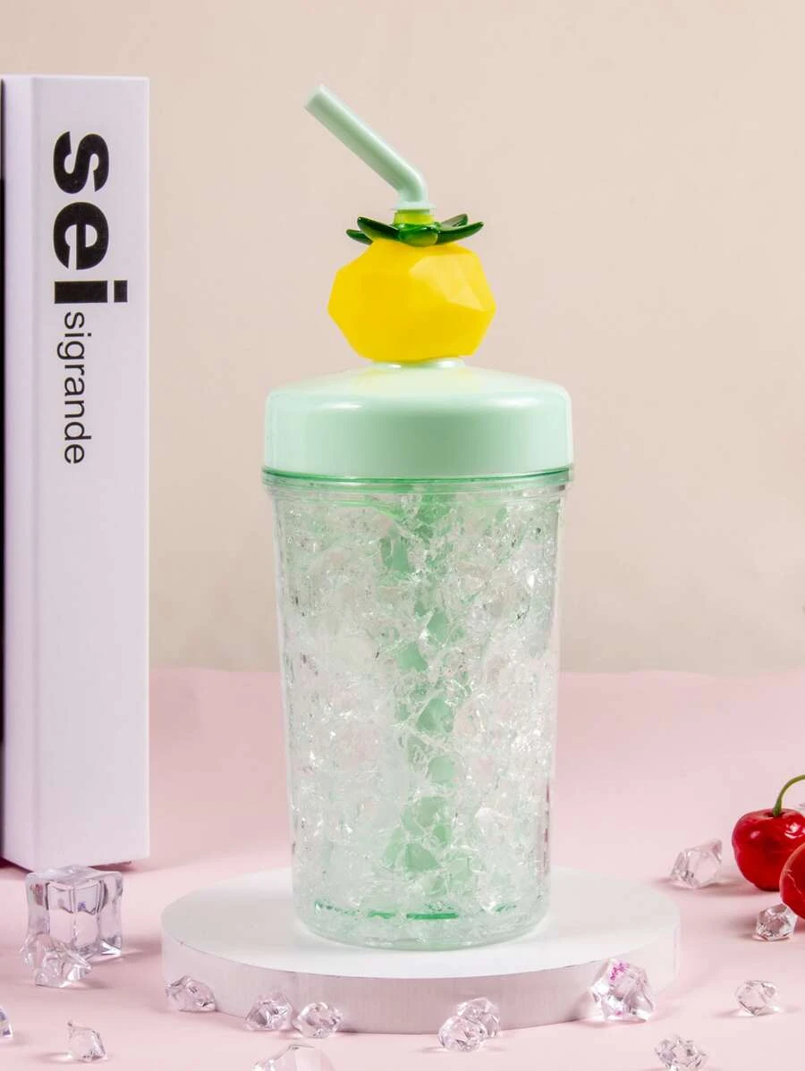 แก้วเก็บความเย็น 1 ชิ้น แบบพกพา และ หลอด สร้างสรรค์ สีเขียว ลายเลมอน แก้วพกพารักษาอุณหภูมิ สำหรับ กลางแจ้ง  pp-89