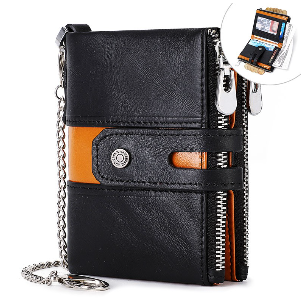 RAY89-กระเป๋าสตางค์หนังแท้ HUMERPAUL ผู้ชายกระเป๋าใส่เหรียญสีดําพร้อมโซ่ชายกระเป๋าสตางค์ กระเป๋าเงินขนาดเล็ก