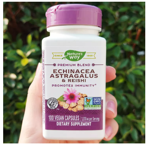 ส071 เอ็กไคนาเซีย อึ้งคี้-ปักคี้ หรือแอสทรากาลัส และเห็ดหลินจือ Echinacea Astragalus & Reishi 1200 mg 100 Vegan Capsules (Nature's Way®) 3 ประสาน