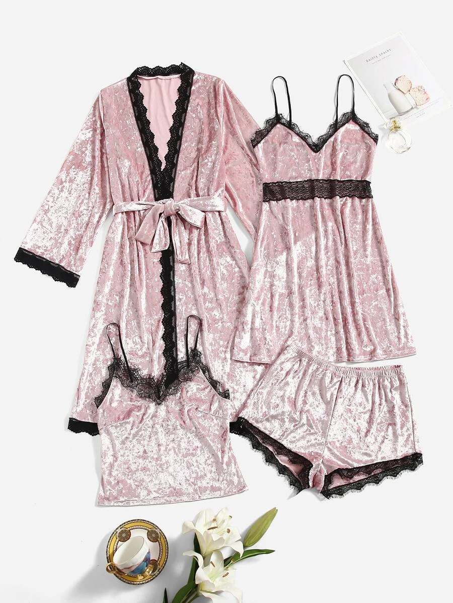 เซ็ตชุดนอน ตกแต่งด้วยแผงตาข่ายลูกไม้โครเชต์ สองสีตัดกัน เข็มขัด กำมะหยี่ 4ชิ้น  bb-89