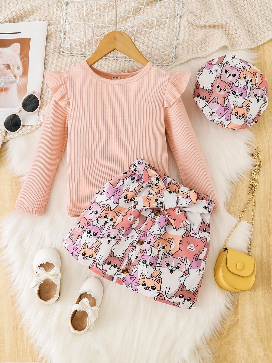 เด็กผู้หญิง นัวเนีย เสื้อยืด & กราฟฟิค การ์ตูน แต่งเข็มขัด กระโปรง & หมวก a-96