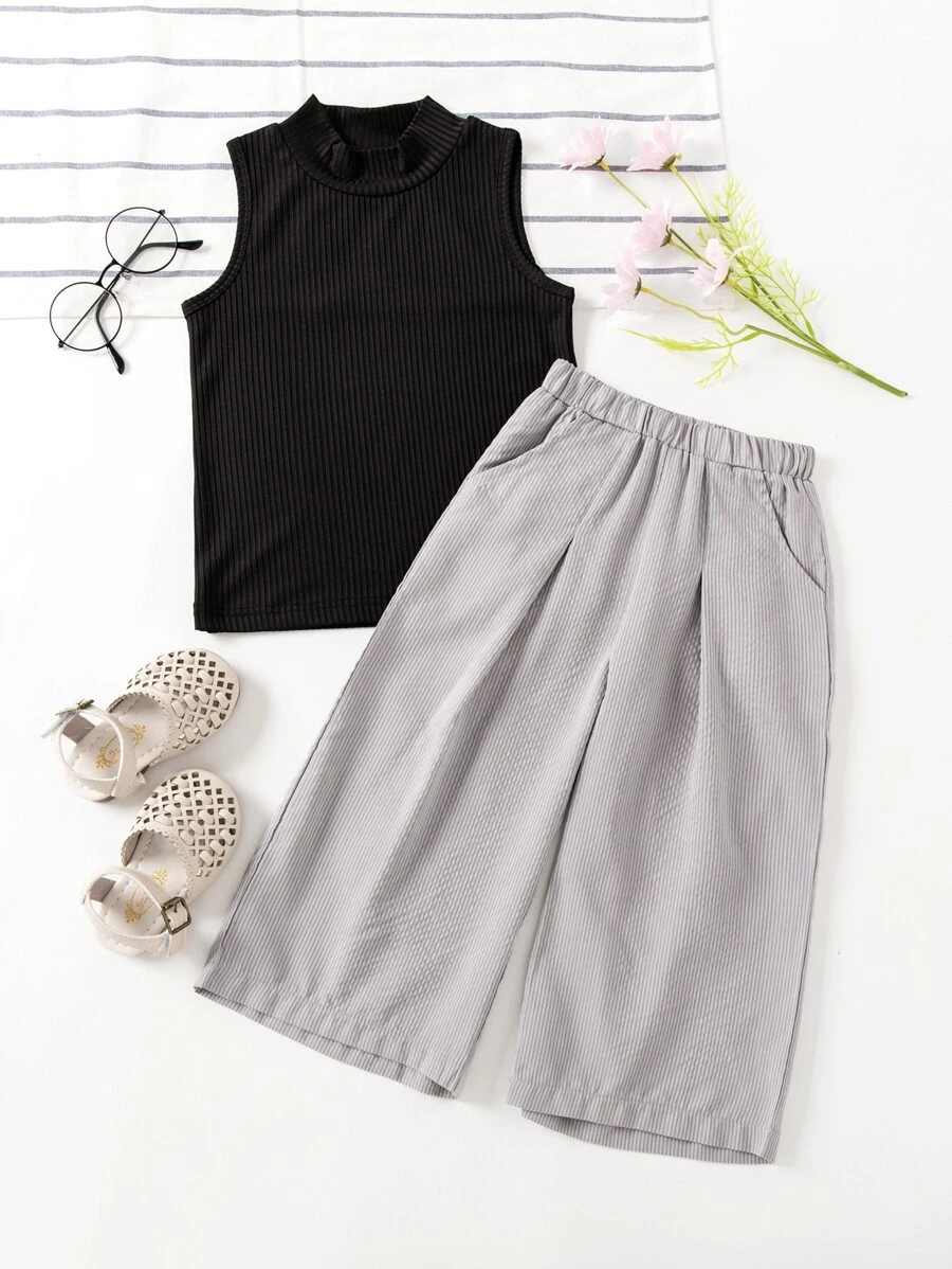 เด็กผู้หญิง เสื้อคอสูง เสื้อกล้าม & รอยจีบ กางเกงขากว้าง a-68
