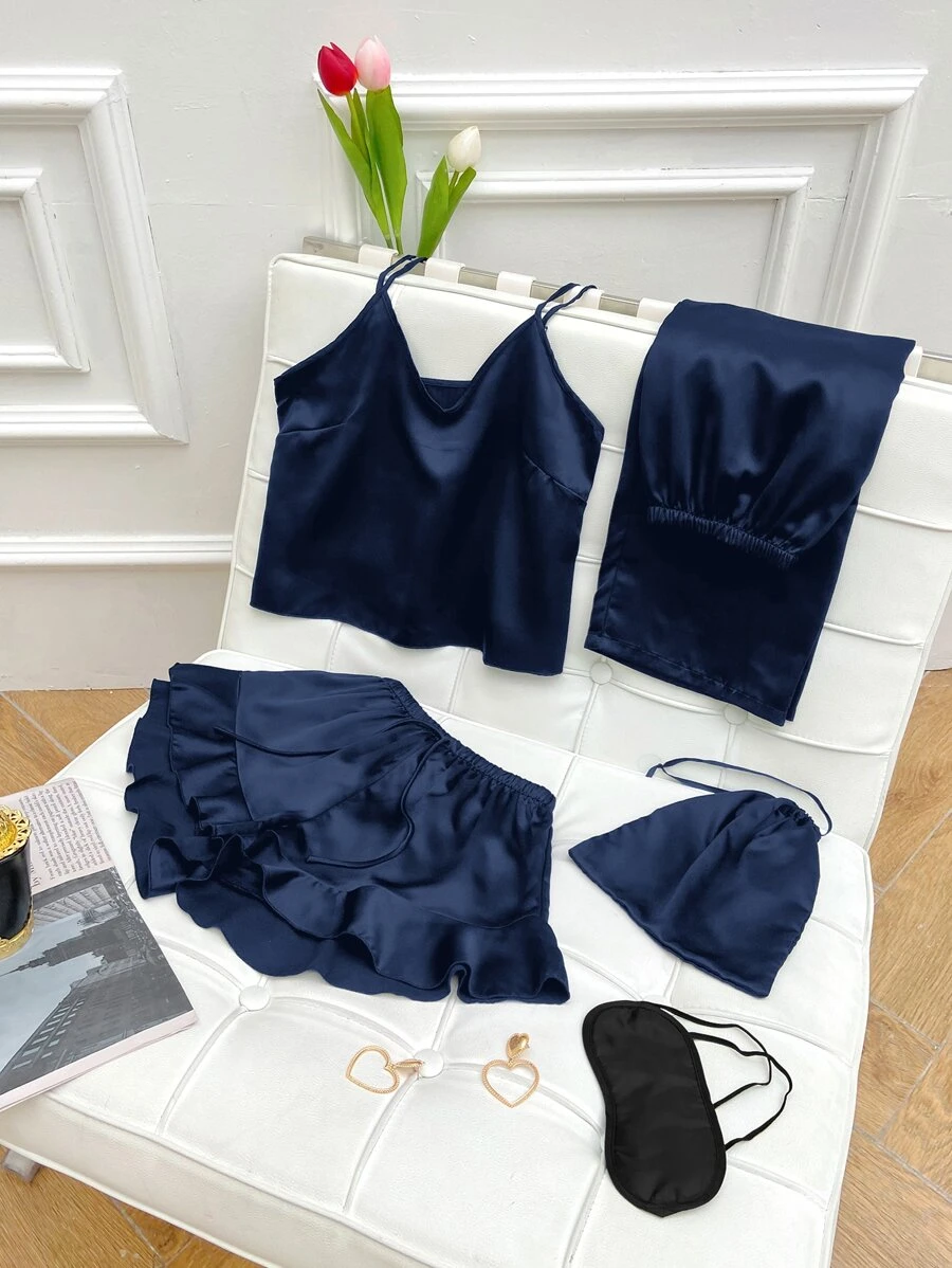 เซ็ตชุดนอน ผูกโบว์หน้า ปลายระบาย ผ้าซาติน พร้อมที่ปิดตา  bb-72