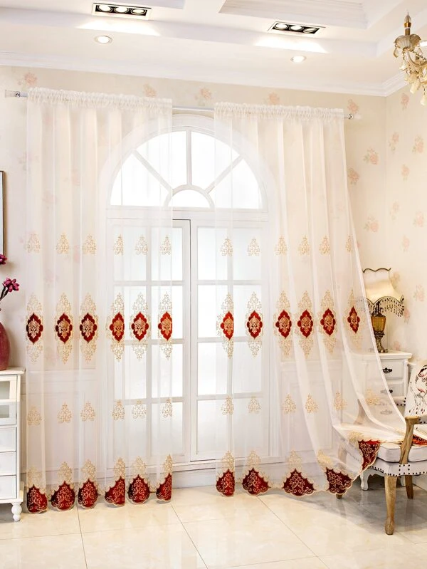 ผ้าม่าน ผ้าโปร่ง ผ้าซาติน เย็บปัก  ผ124