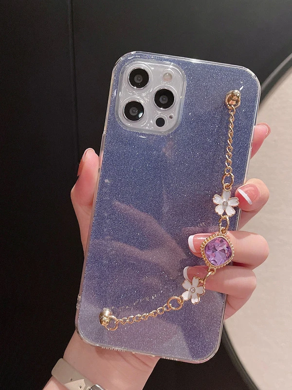 เคสโทรศัพท์ประดับเลื่อมพร้อม rhinestones และสร้อยข้อมือประดับดอกไม้ c-81