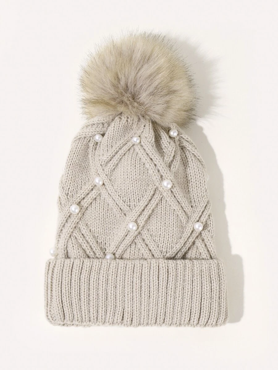 หมวกบีนนี่ ขอบพับ ไข่มุก & ปอมปอม ตกแต่ง  i-83