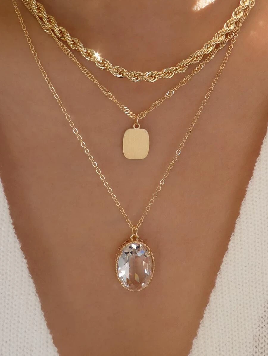 สร้อยคอ เลเยอร์ พลอยเทียม วงรี & สี่เหลี่ยม จี้ kk-130