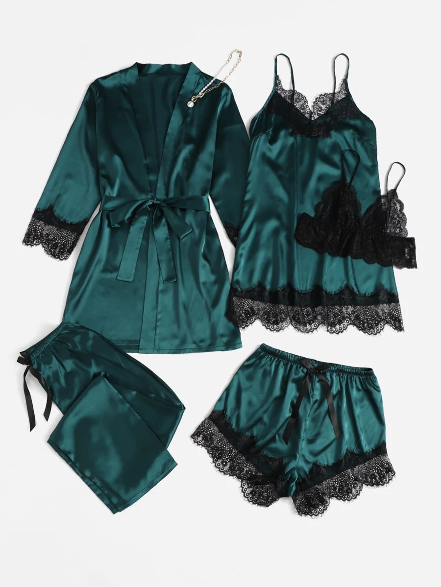 เซ็ต ชุดนอน คอนทราสต์ ลูกไม้ขนตา รายละเอียด โบว์ เข็มขัด ผ้าซาติน 5 ชิ้น bb-79