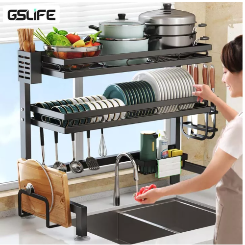 KIT91-GSlife 105/120ซม ชั้นคว่ำจาน ที่คว่ำชามจาน ชั้นวางจานชาม ชั้นวางจานสแตน2ชั้น ชั้นวางจาน ชั้นวางคร่อมอ่างล้างจาน ชั้นวางของ Kitchen Dish Drainer Rack