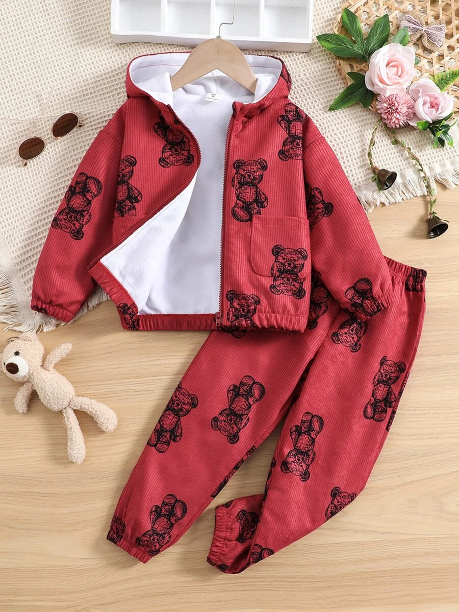 เด็กผู้หญิง แจ็คเก็ต พิมพ์ หมี ซับขนแกะ ฮูด & กางเกง a-76