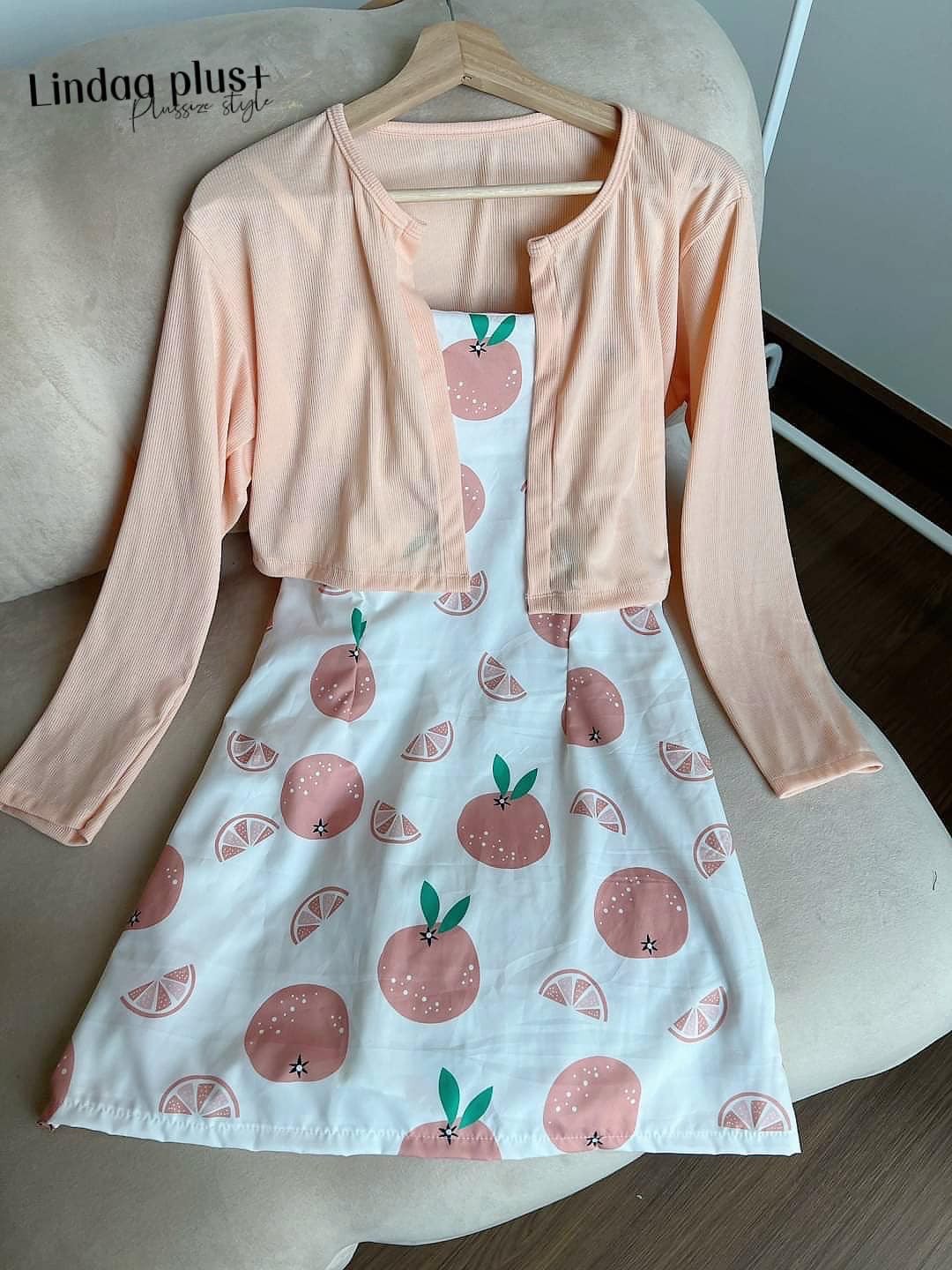 ชุดเซ็ตเดรสสายเดรสลายส้ม +เสื้อคลุมน่ารักสไตล์เกาหลี 044