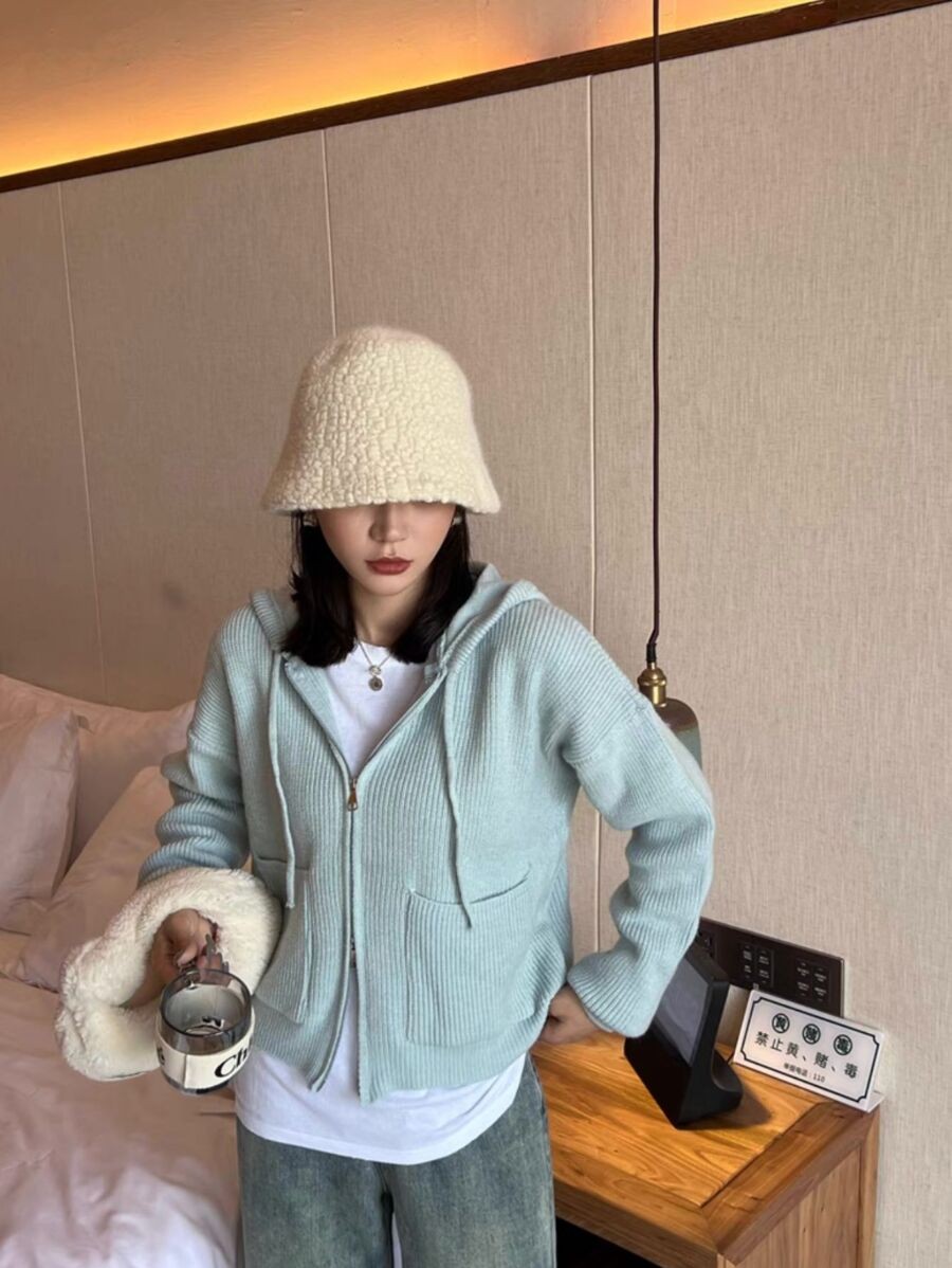 คาร์ดิแกนไหมพรมซิปหน้า มีซิปบน ล่าง 2หัว พร้อมหมวกฮู้ด สไตล์โอเวอร์ไซส์ i-8