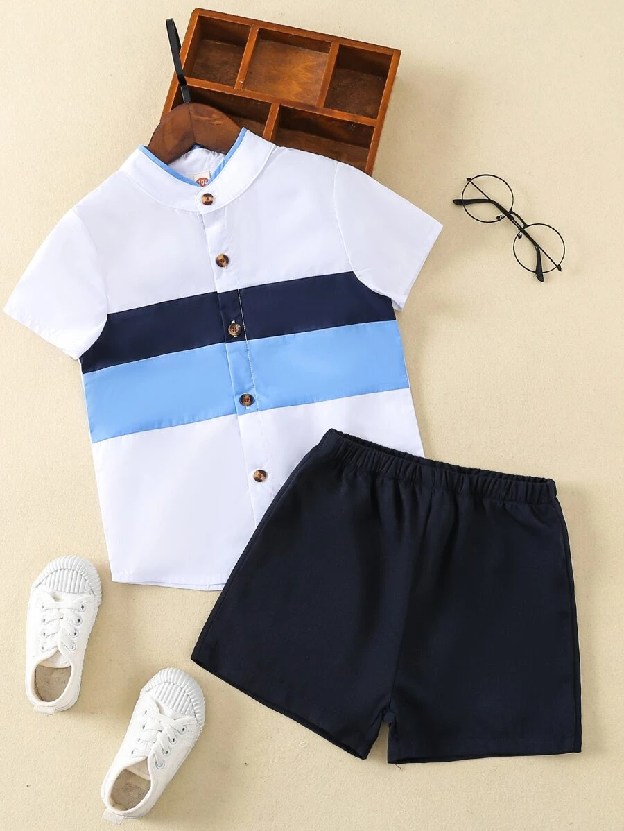 เด็กผู้ชาย บล็อคสี เสื้อเชิ้ต & กางเกงขาสั้น b-70