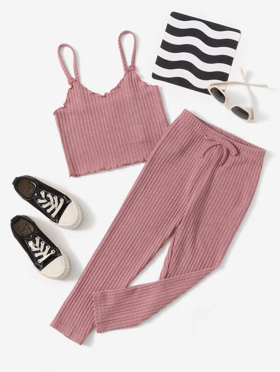 เด็กผู้หญิงวัยหัดเดิน ขอบหยัก เสื้อท็อปสายเดี่ยว & ผูกโบว์ที่เอว เลกกิ้ง a-60