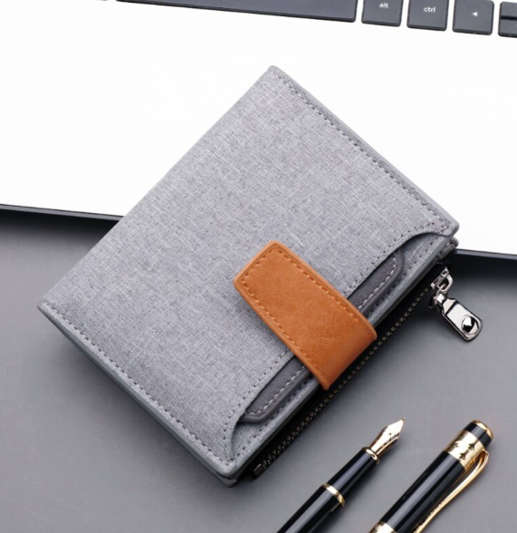 HU85-Men Wallet Canvas And PU Leather Gray/blue/black Short Male Purse Hasp/zipper Credit Card Holder Case Wal