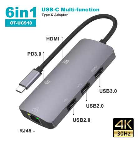 PD27-USB C HUB 6 in 1 ThunderBolt 3 HDMI 4K, RJ45, USB 3.0，USB 2.0 Hub 2 Port, USB C 100W PD Charge รุ่น 70411 Type C For Apple Ipad Pro, Macbook iMac, Surface, Dell ,Samsung#T-001