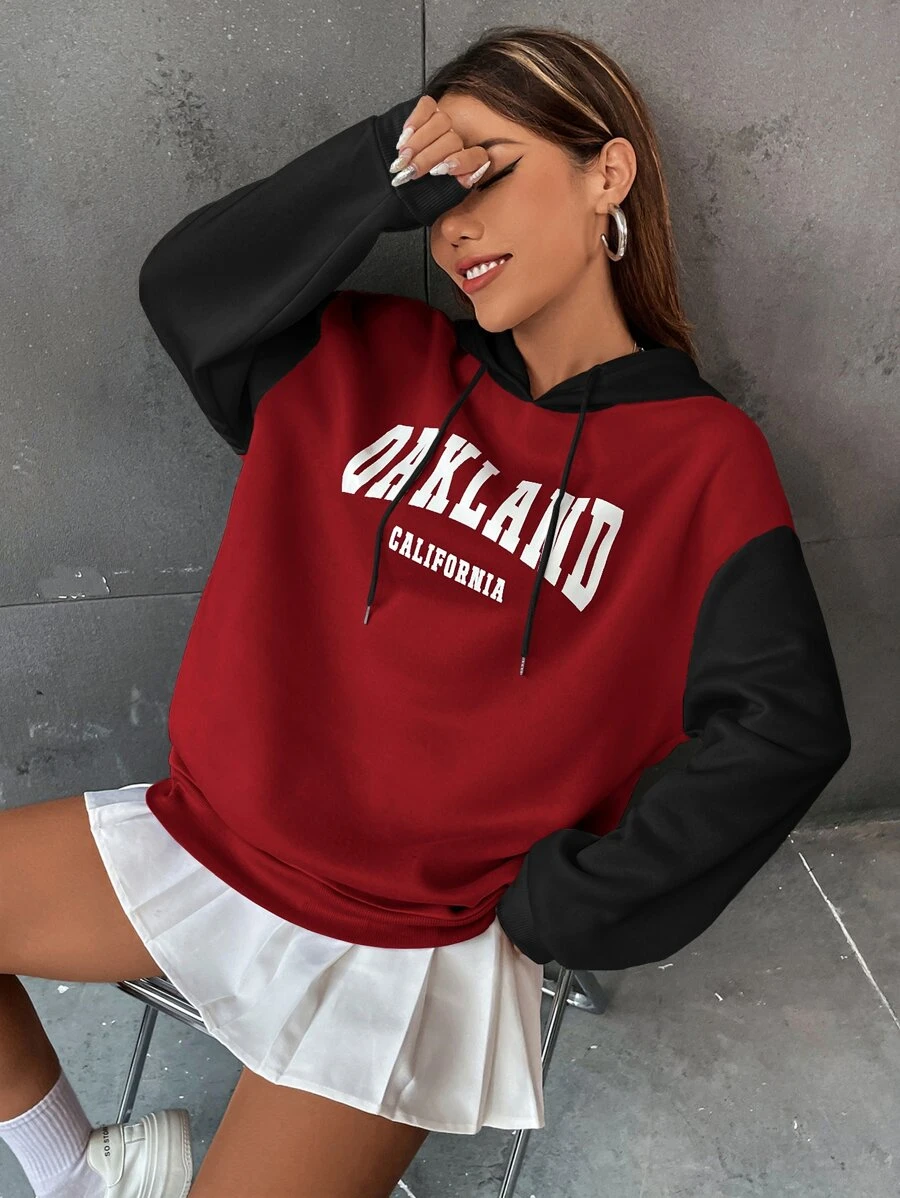 เสื้อฮู้ด ให้ความอบอุ่น กราฟฟิค ตัวอักษร บล็อคสี ไหล่ตก เชือกรูด  cc-52