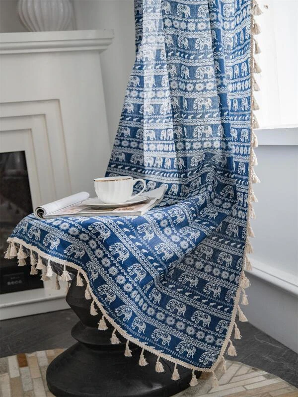 ผ้าม่าน ลายช้าง ขอบแต่งพู่  ผ187