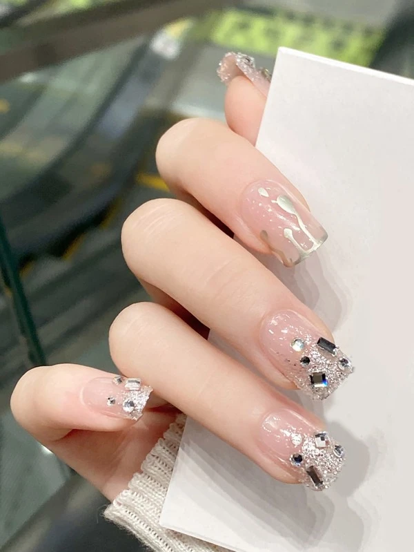 เล็บปลอม ยาว สี่เหลี่ยม ตกแต่ง พลอยเทียม & เทปกาว 1 แผ่น & ตะไบเล็บ 1 ชิ้น 24 ชิ้น แ-93