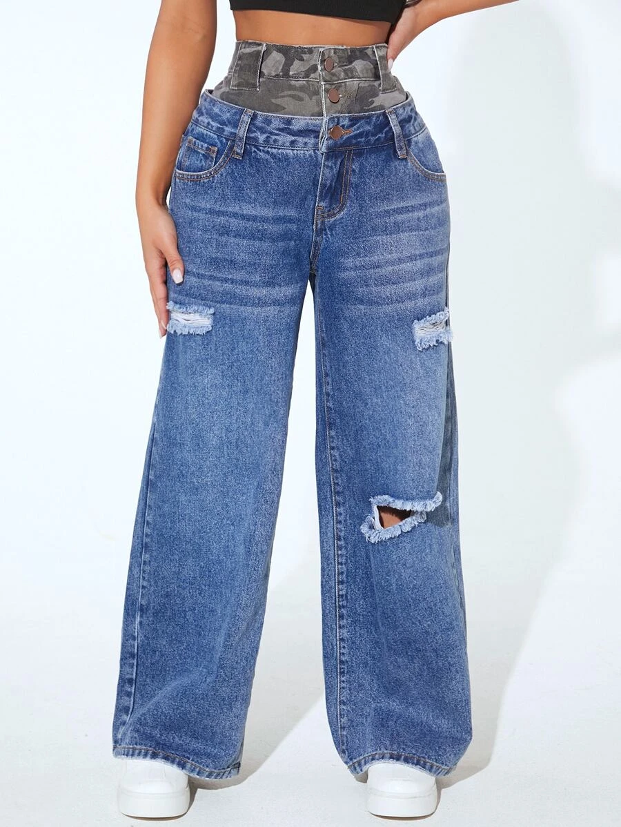 กางเกงยีนส์ขาด คอนทราสต์ ลายพราง เอว ee-74