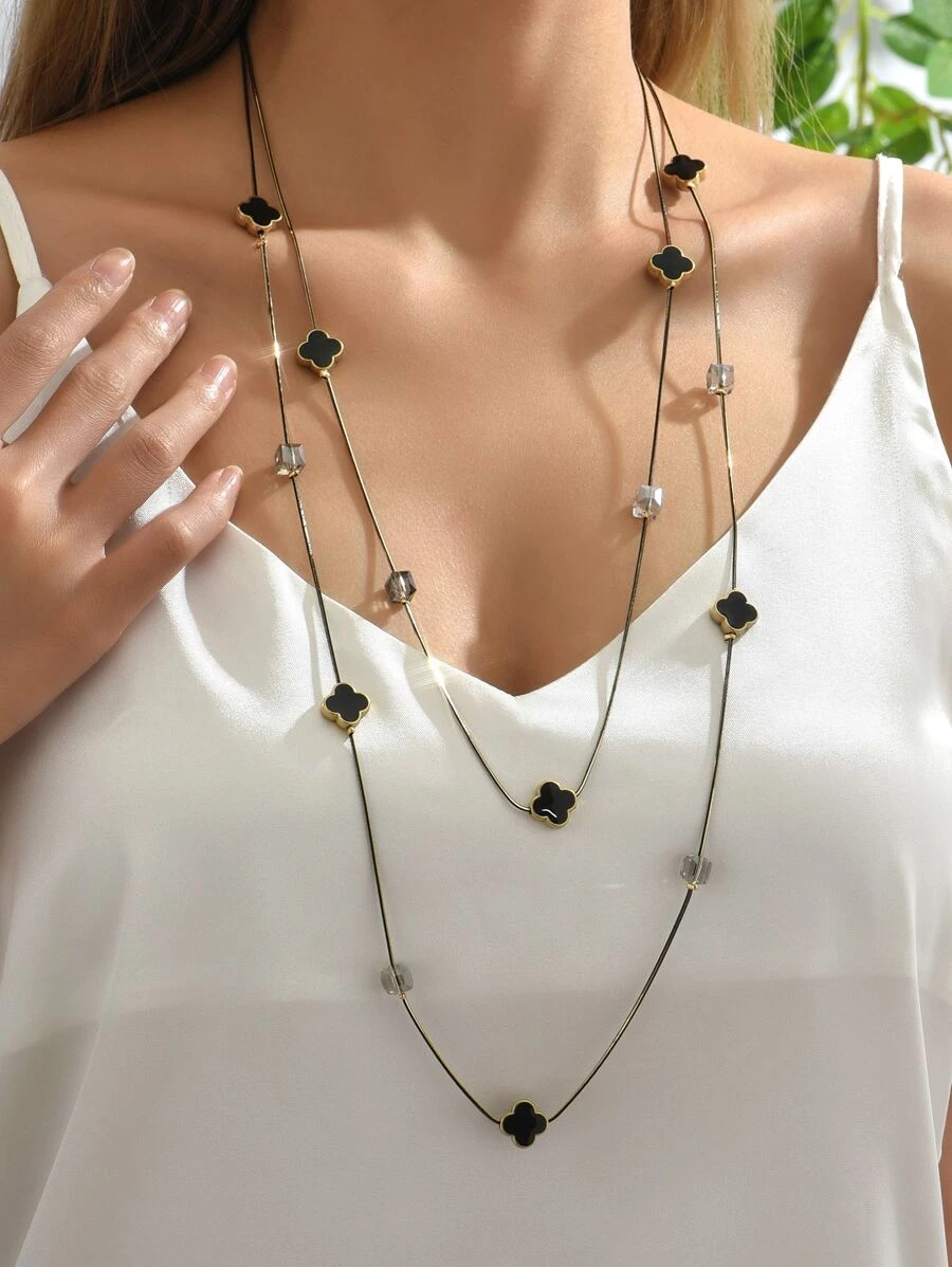 สร้อยคอ เลเยอร์ โคลเวอร์สี่ใบ & ตกแต่ง ลูกปัด kk-65