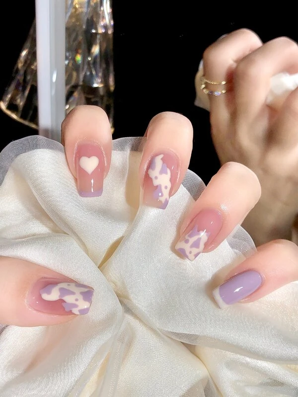 เล็บปลอม ยาว คอฟฟิน ลาย หัวใจ 24 ชิ้น & เทปกาว 1 แผ่น & ตะไบเล็บ 1 ชิ้น c-27