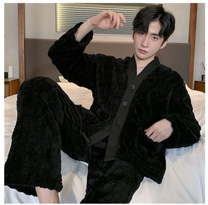 MA66>◊☜Flannel ชุดนอนผู้ชายฤดูหนาว plus กำมะหยี่หนาใหม่ผู้ชายกำมะหยี่ปะการัง plus ไขมันขนาดใหญ่ด้านนอกสวมใส่ home service ชุด