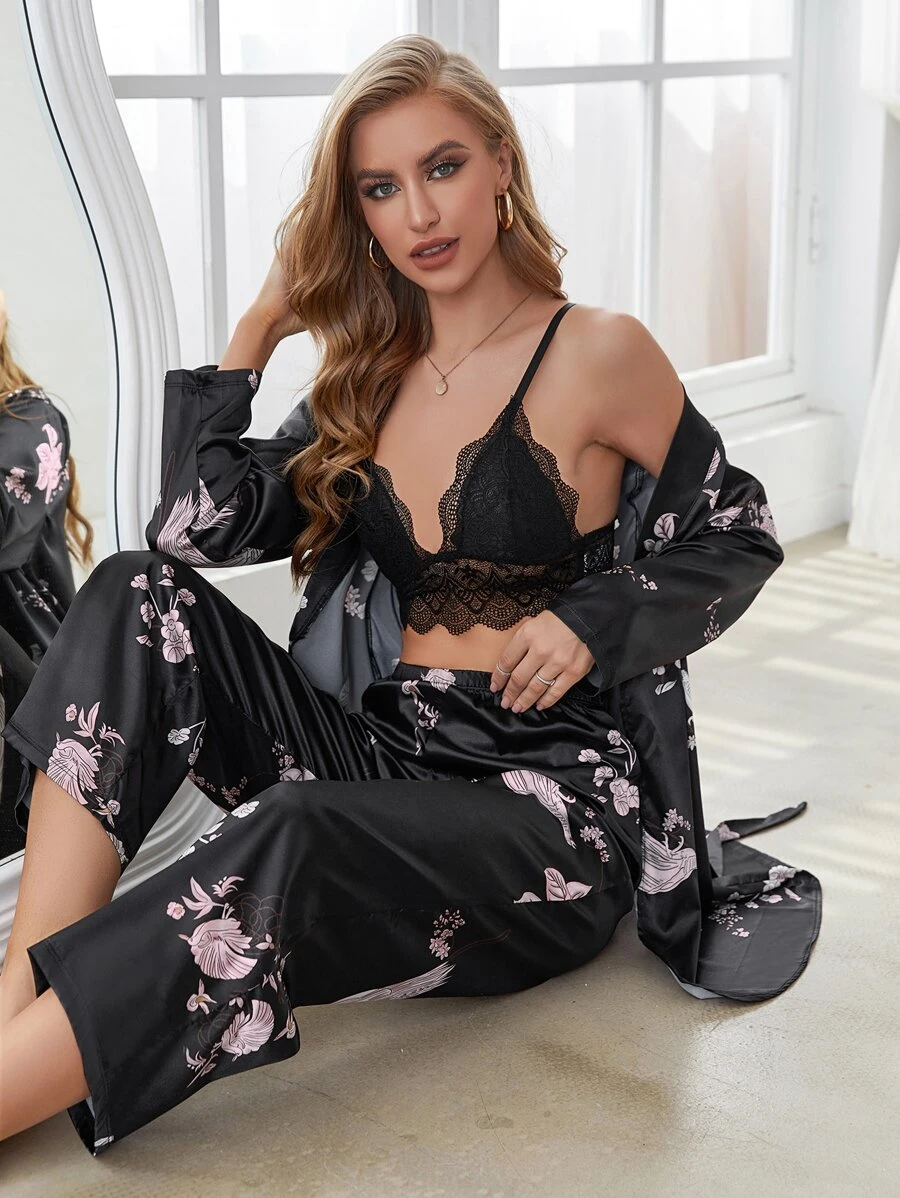 เซ็ทชุดนอน ลายดอก ผูกเอง 3ชิ้น  bb-80