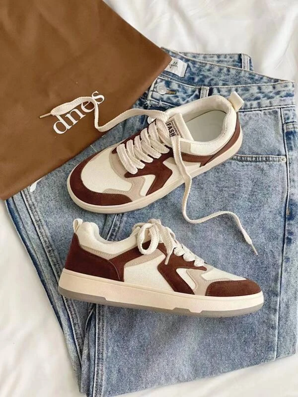 ผู้ชาย รองเท้าสเก็ต ลายบล็อกสี ผูกเชือกด้านหน้า m-94