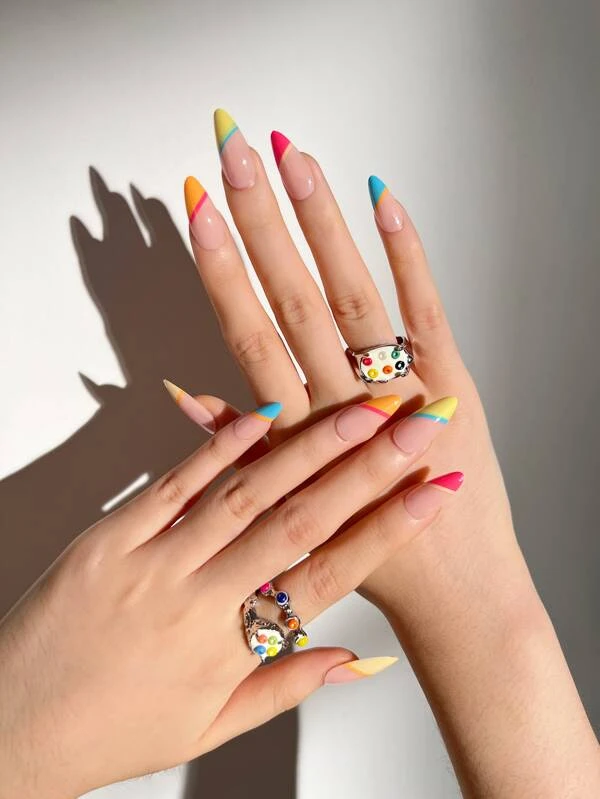 เล็บปลอม ยาว อัลมอนด์ บล็อคสี & เทปกาว 1 แผ่น & ตะไบเล็บ 1 ชิ้น 24 ชิ้น c-71