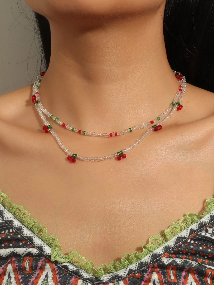 สร้อยคอประดับลูกปัดเชอร์รี่ 2 ชิ้น  kk-84