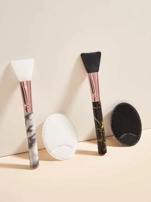 2 ชิ้น แปรงแต่งหน้า & 2 ชิ้น ทำความสะอาดผิวหน้า แปรง e-91