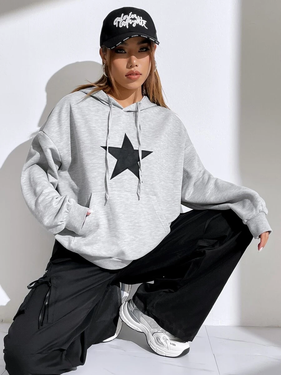 ฮู้ดดี้ ลายดวงดาว กระเป๋าหน้าท้อง ไหล่ตก เชือกผูก  cc-59