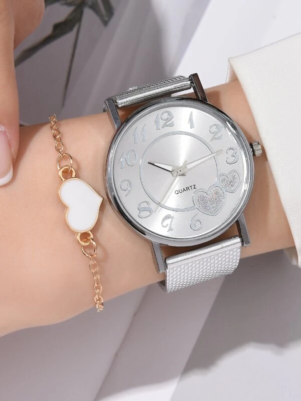 นาฬิกาข้อมือ เครื่องควอตซ์ 1 ชิ้น กลิตเตอร์ หน้าปัดกลม และ สร้อยคอ 1 ชิ้น  น-0153