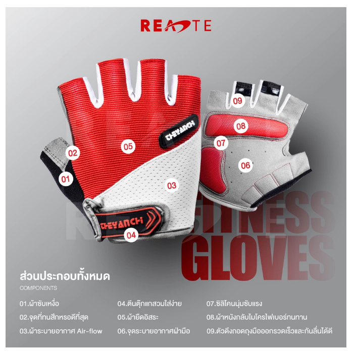 ฟ-038 ถุงมือ READTE ถุงมือครึ่งนิ้ว ถุงมือออกกำลังกาย GLOVES มีกันกระแทก ปั่นจักรยาน ออกรอบ ยกน้ำหนัก ฟิตเนส