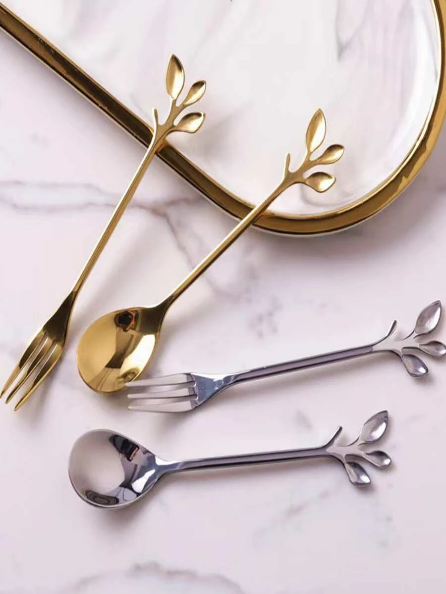 ช้อน 1 ชิ้น ลายใบไม้ หลากสี และ ส้อม 1 ชิ้น hh-38