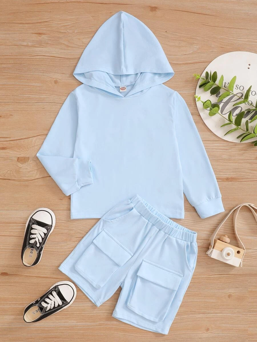 เด็กผู้ชาย ของแข็ง ฮู้ดดี้ & กระเป่าคู่ กางเกงขาสั้น b-90