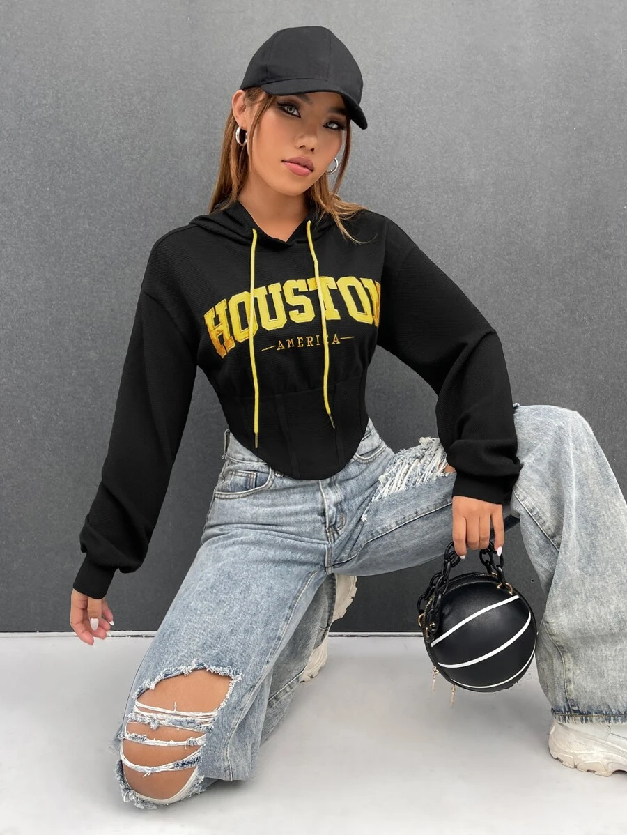 ฮู้ดดี้แบบมีซิป เย็บปักถักร้อย ตัวอักษร ไหล่ตก  cc-60