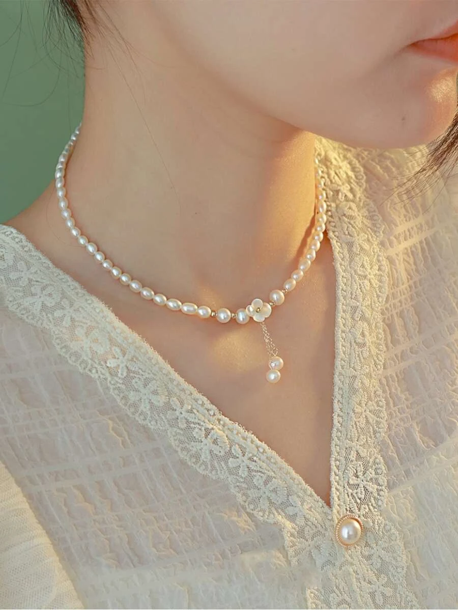 สร้อยคอ ดอกไม้ & จี้ ไข่มุกเทียม  kk-49