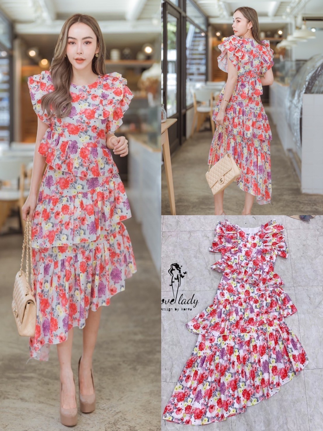 เดรสลายดอกแต่งระบาย ส-84