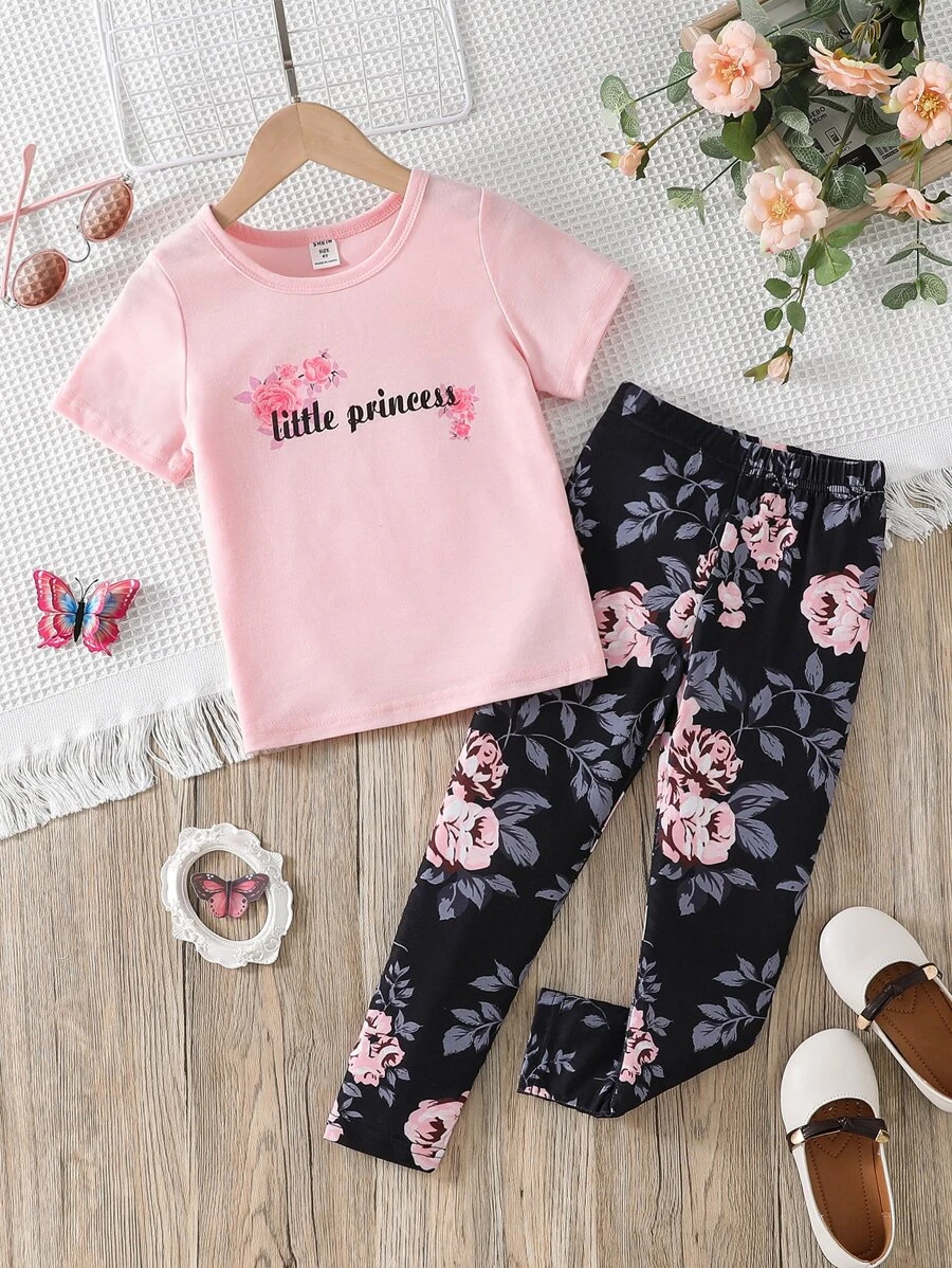 เด็กผู้หญิง เสื้อยืด & เลกกิ้ง พิมพ์ลาย ดอกไม้ & ตัวอักษร a-69