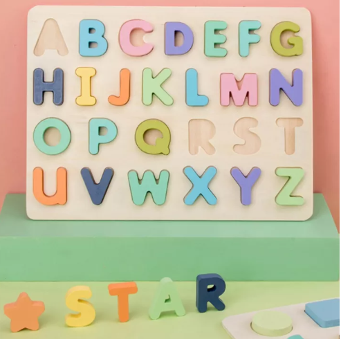 N63-ของเล่นไม้ ชุดจิ๊กซอนูน ABC และ ตัวเลข สีพาสเทล เด็กเรียนรู้อักษร