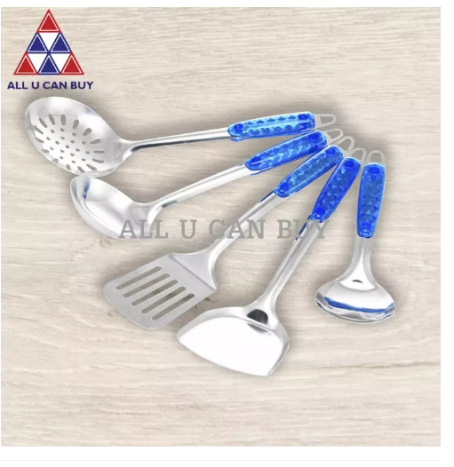 KIT70-ALL U CAN BUY ชุดเครื่องครัวสแตนเลส ชุดทัพพีสุดคุ้ม(เซ็ท 5 ชิ้น)กระบวยสแตนเลส กระชอนสแตนเลส ทัพพีสแตนเลส ตะหลิวสแตนเลส ตะหลิวเชลสแตนเลส ชุดทำครัวสีม่วง