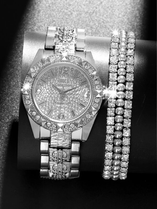 นาฬิกาข้อมือ เครื่องควอตซ์ 1 ชิ้น ติดเพชร และ สร้อยคอ 3 ชิ้น  น-0146