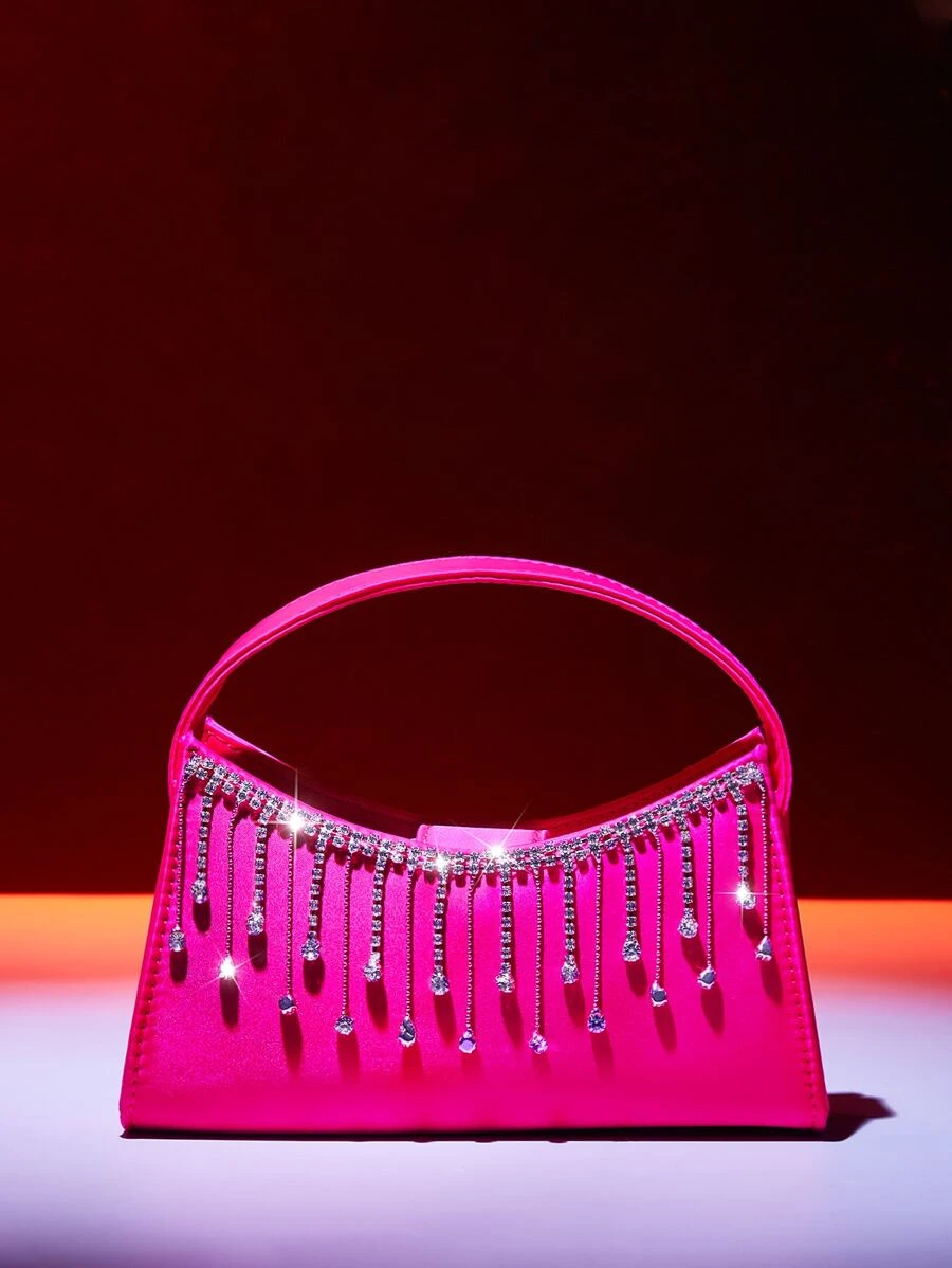 กระเป๋า บาแกตต์ มินิ สีชมพูนีออน พลอยเทียม ตกแต่ง พู่ v-76