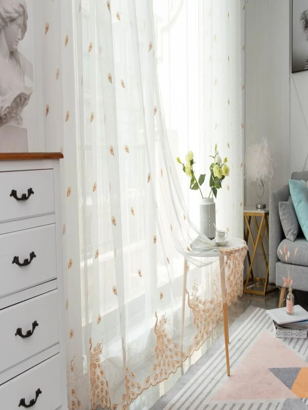 ผ้าม่าน ผ้าโปร่ง นกยูง เย็บปักถักร้อย  ผ132