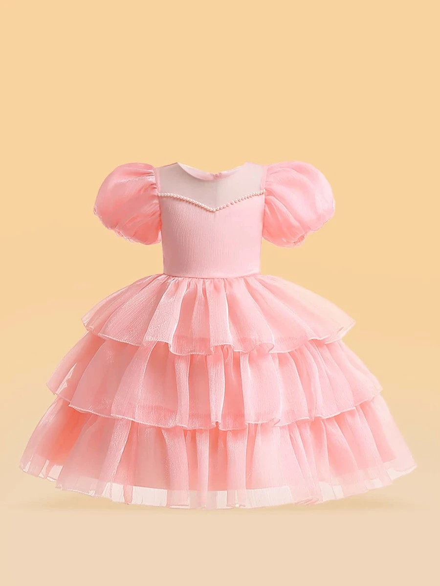 เด็กผู้หญิง ชุดปาร์ตี้ ลูกปัด ไข่มุก แขนพอง ชายเสื้อหลายชั้น a-33